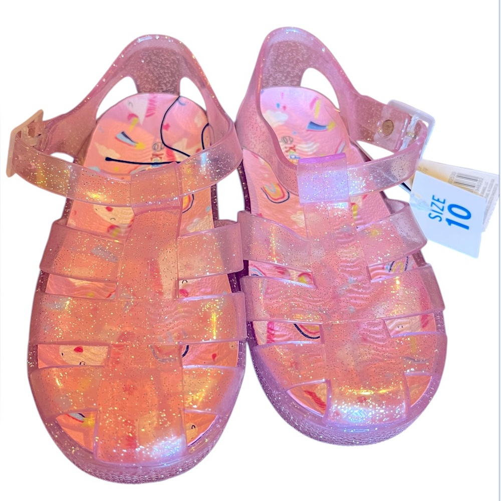 Toddler jelly pink sandals w/glitter sparkles. Unicorn pattern on insole. Sz 10